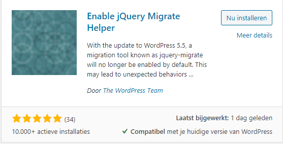 Enable jQuery Migrate Helper plugin installeren
