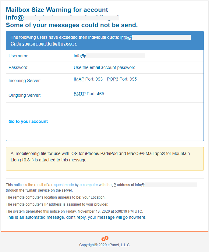 Screenshot e-mail Mailbox Size Warning