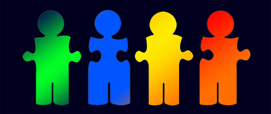 samenwerkende partijen 4 mensfiguren die als puzzelstukjes aan elkaar passen