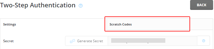 DirectAdmin tab Scratch Codes