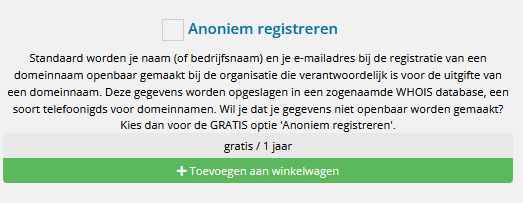 Screenshot Anonieme registratie domein toevoegen aan winkelwagen